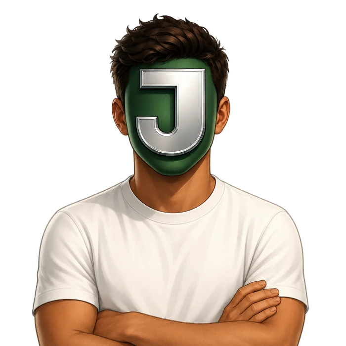 Ilustración de Jota con los brazos cruzados y el logo de la J en lugar de la cara